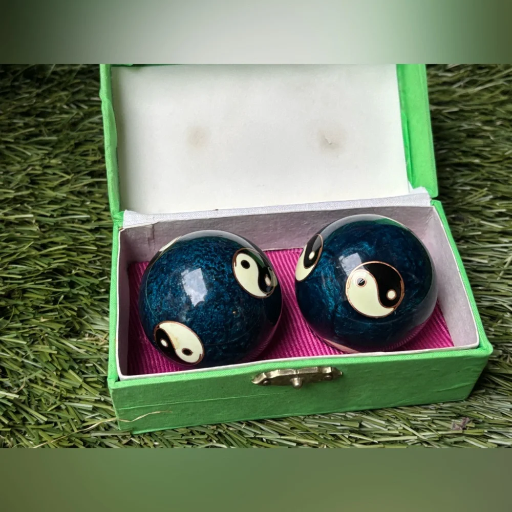 VINTAGE Cloisonné Yin-Yang Baoding Balls • Deep Blue Enamel • Meditation Chime - Picture 2 of 11